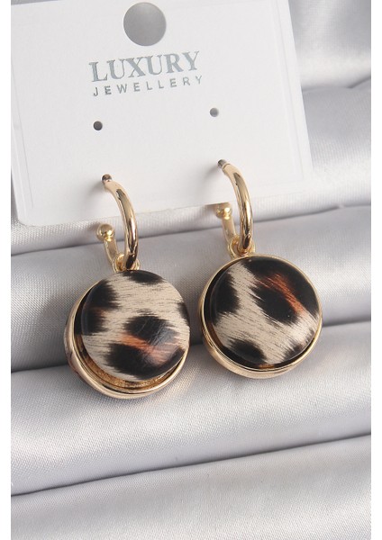 Pirinç Gold Renk Leopar Desenli Daire Model Kadın Küpe