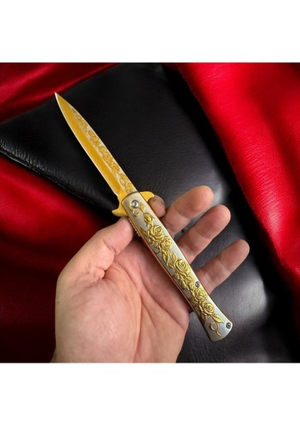 Gold Gül Motifli Paslanmaz Çelik Çakı