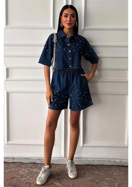 Taş Detaylı Gömlek Şort Denim Takım 10175