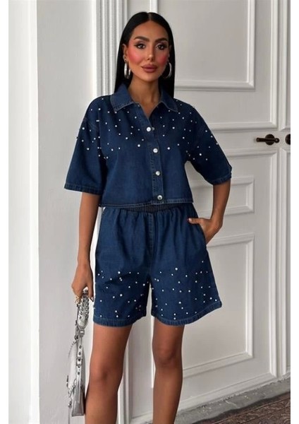 Taş Detaylı Gömlek Şort Denim Takım 10175