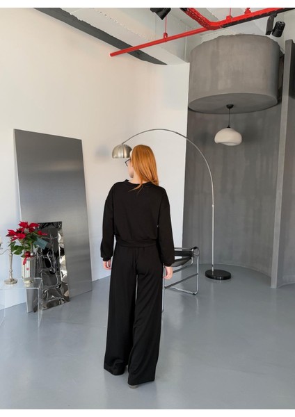 TKM-1103 Siyah Oysh Kumaş Crop Salaş Bluz Bel Lastikli Palazzo Alt Ikili Takım