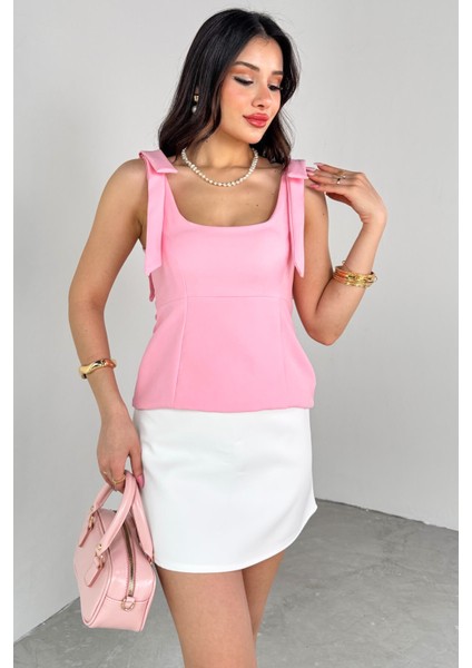 BLZ-06286 Pembe Havuz Yaka Askılı Bluz