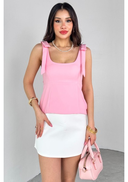 BLZ-06286 Pembe Havuz Yaka Askılı Bluz