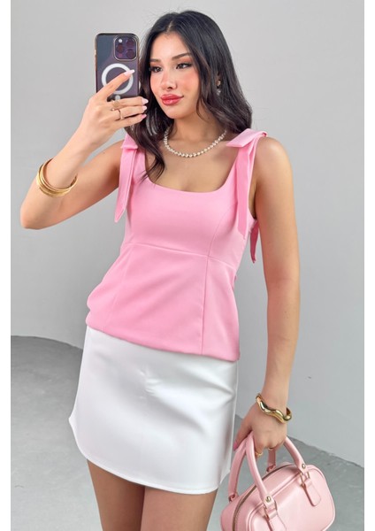 BLZ-06286 Pembe Havuz Yaka Askılı Bluz