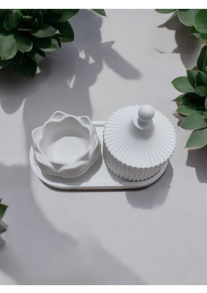 Ayd- 3lü Sunum Tabağı Kapaklı Vazo ve Lotus Süslük Takılık Doğal Taş Tozu