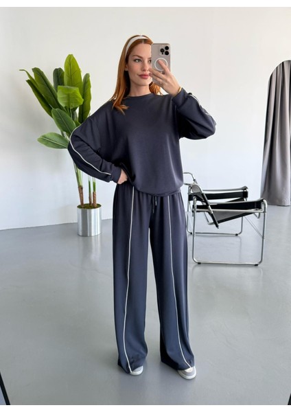 TKM-1109 Füme Biyeli Oysh Kumaş Salaş Bluz Palazzo Pantolon Ikili Takım