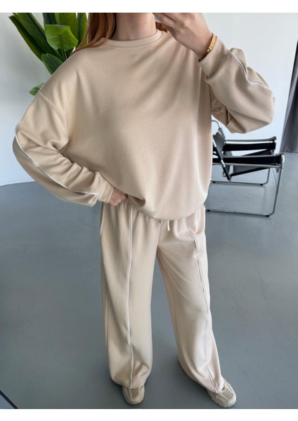 TKM-1109 Krem Rengi Biyeli Oysh Kumaş Salaş Bluz Palazzo Pantolon Ikili Takım modelleri