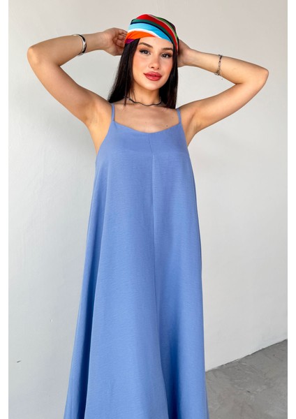 ELB-2975 Mavi Ayarlanabilir Askılı Midi Boy Elbise