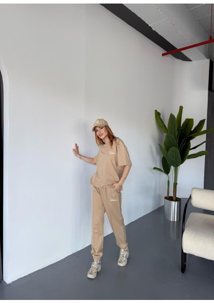 TKM-0041 Vizon Eco Basıc Lıne Yazılı Enjeksiyon Baskı Bisiklet Yaka Tişört Bel Lastikli Çimalı Jogger Eşofman Ikili Takım