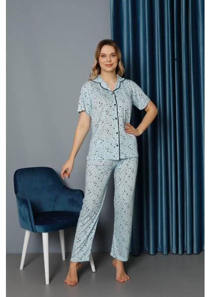 Işılay Mavi Önden Düğmeli Yıldızlı Viskon Kumaş Kısa Kollu Bayan Pijama Takımı 15638-M