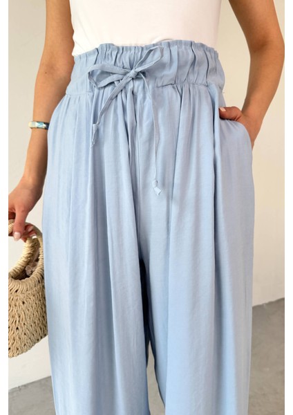 PNT-07418 Bebe Mavi Bel Lastikli Bağlamalı Salaş Pantolon