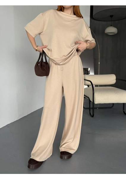 TKM-1113 Bej Rengi Oysh Kumaş Yarım Kol Basic Bluz Palazzo Bel Lastikli Alt Ikili Takım