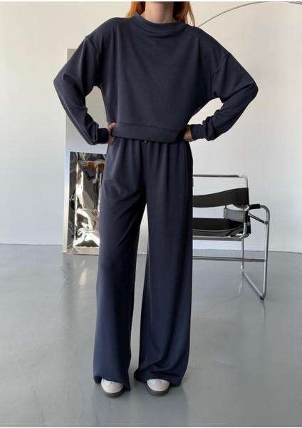 TKM-1103 Lacivert Oysh Kumaş Crop Salaş Bluz Bel Lastikli Palazzo Alt Ikili Takım fiyatları