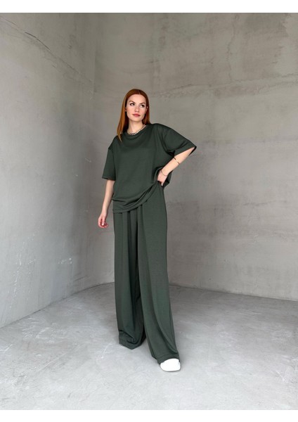 TKM-1113 Haki Oysh Kumaş Yarım Kol Basic Bluz Palazzo Bel Lastikli Alt Ikili Takım