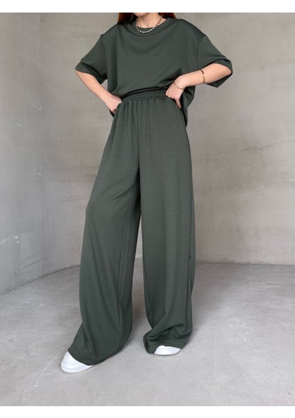 TKM-1113 Haki Oysh Kumaş Yarım Kol Basic Bluz Palazzo Bel Lastikli Alt Ikili Takım