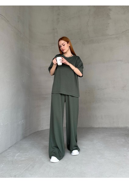 TKM-1113 Haki Oysh Kumaş Yarım Kol Basic Bluz Palazzo Bel Lastikli Alt Ikili Takım