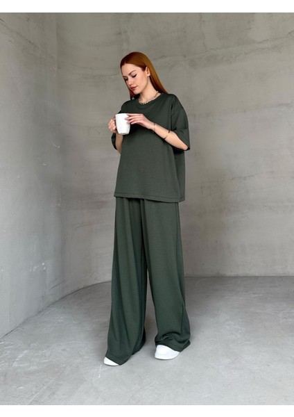 TKM-1113 Haki Oysh Kumaş Yarım Kol Basic Bluz Palazzo Bel Lastikli Alt Ikili Takım