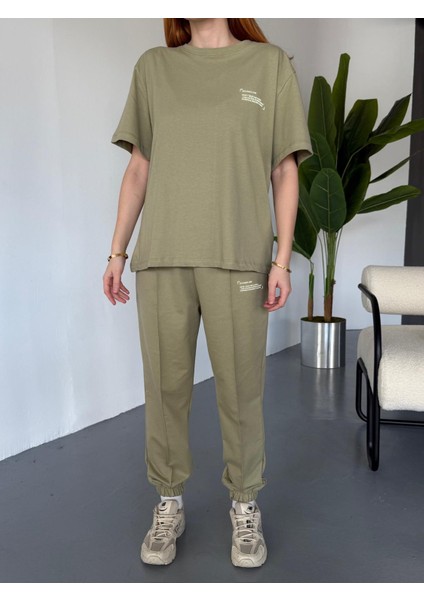 TKM-0041 Haki Eco Basıc Lıne Yazılı Enjeksiyon Baskı Bisiklet Yaka Tişört Bel Lastikli Çimalı Jogger Eşofman Ikili Takım