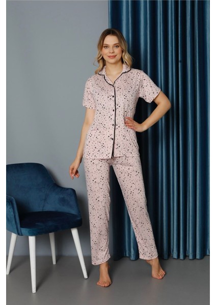 Işılay Pembe Önden Düğmeli Yıldızlı Viskon Kumaş Kısa Kollu Bayan Pijama Takımı 15638-P