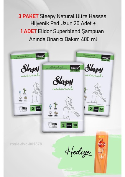 Natural Ultra Hassas Hijyenik Ped Uzun 20 Adet x 3 ve Elidor Şampuan Bakım 400 ml
