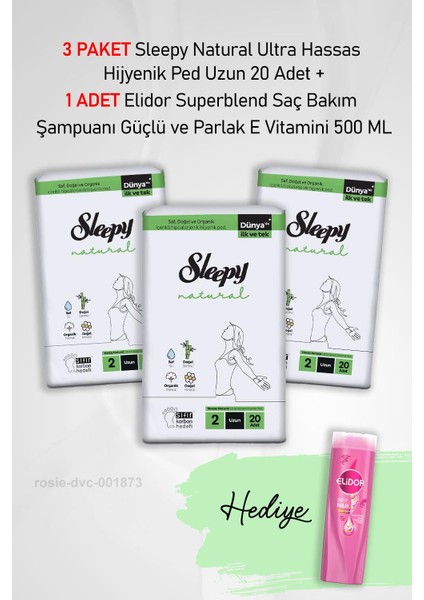 Natural Ultra Hassas Hijyenik Ped Uzun 20 Adet X3 ve Elidor Saç Bakım Şampuanı 500 ml