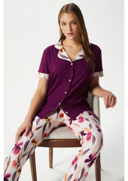 Kadın Andra Mürdüm Çiçek Desen Ön Düğmeli Kısa Kol Alt Üst Pijama Takımı