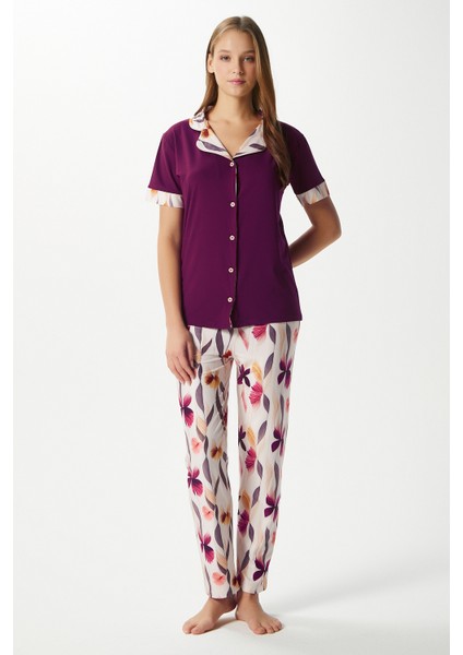 Kadın Andra Mürdüm Çiçek Desen Ön Düğmeli Kısa Kol Alt Üst Pijama Takımı