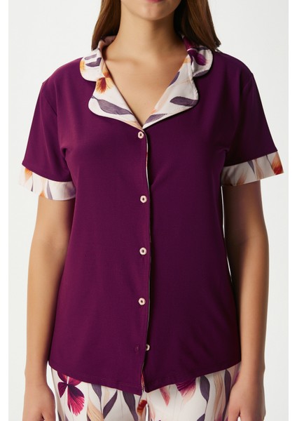 Kadın Andra Mürdüm Çiçek Desen Ön Düğmeli Kısa Kol Alt Üst Pijama Takımı