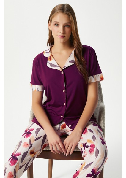 Kadın Andra Mürdüm Çiçek Desen Ön Düğmeli Kısa Kol Alt Üst Pijama Takımı