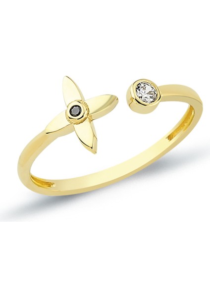 14 Ayar Altın Çiçek Desenli Kadın Minimal Yüzük