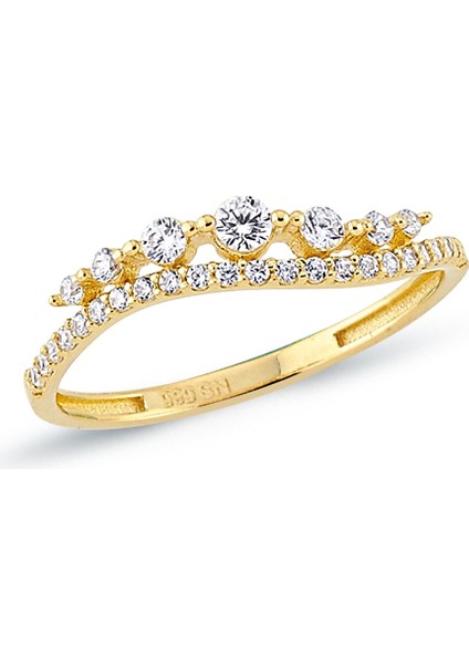 14 Ayar Altın Taç Figürlü Çift Sıra Işıltılı Yüzük