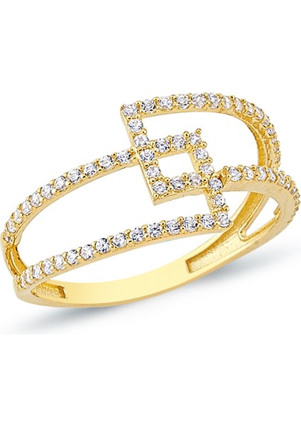 14 Ayar Altın Parlak Geçiş Detaylı Çift Halkalı Yüzük