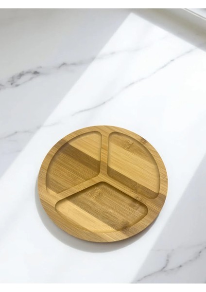 Bambu Ahşap Yuvarlak 3 Bölmeli Sunum Tabağı Çerezlik, Sunumluk