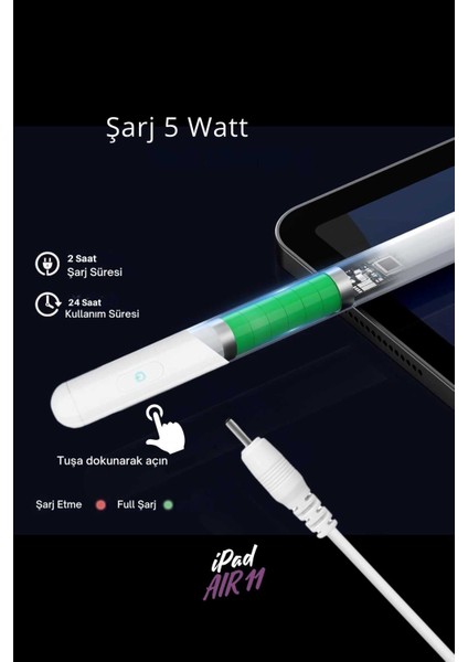 Apple iPad Air M3 Çipli A3267 A3269 2025 Uyumlu Avuç Içi Algılamayan Dokunmatik Yazım ve Çizim Kalemi