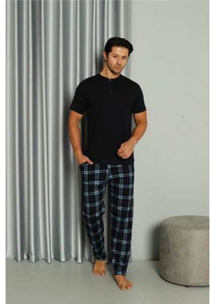 Işılay Lacivert Önden 3 Düğmeli Ekose Pijamalı Kısa Kollu Erkek Pijama Takımı 19041-L