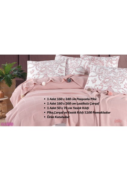 %100 Pamuklu Soho Premium Pudra Renkli Tek Kişilik Ponponlu Pike Takımı