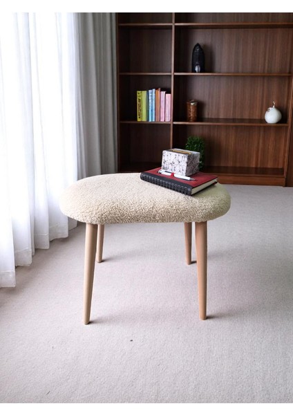 Minimalist Teddy Kumaş Tabure, Ahşap Ayaklı Tabure, Salon, Ofis, Makyaj Masası, Yemek Masası