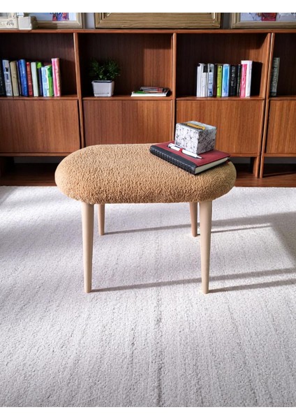 Minimalist Teddy Kumaş Tabure, Ahşap Ayaklı Tabure, Salon, Ofis, Makyaj Masası, Yemek Masası