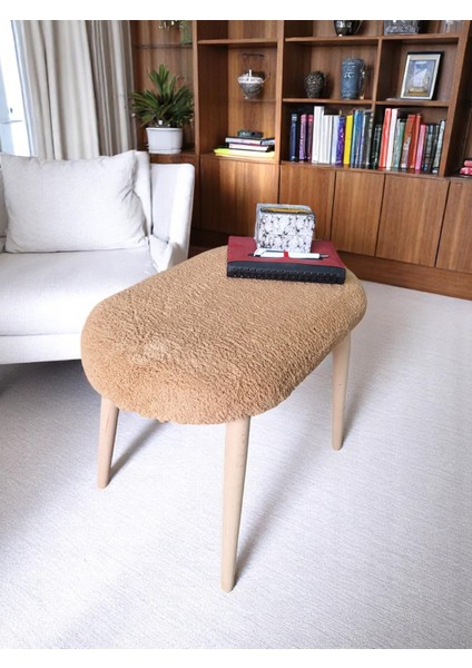 Minimalist Teddy Kumaş Tabure, Ahşap Ayaklı Tabure, Salon, Ofis, Makyaj Masası, Yemek Masası