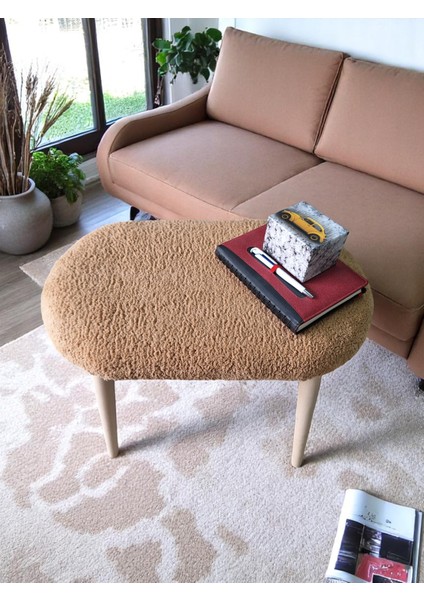 Minimalist Teddy Kumaş Tabure, Ahşap Ayaklı Tabure, Salon, Ofis, Makyaj Masası, Yemek Masası