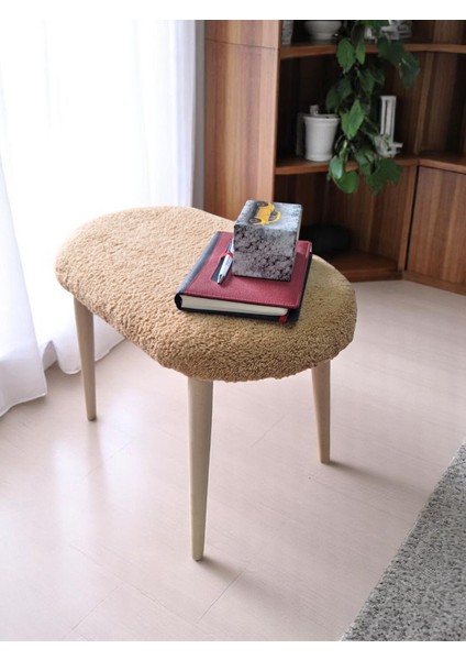 Minimalist Teddy Kumaş Tabure, Ahşap Ayaklı Tabure, Salon, Ofis, Makyaj Masası, Yemek Masası