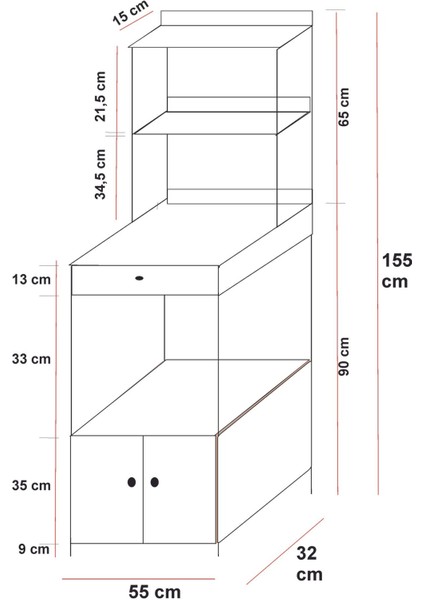 Çok Amaçlı Mutfak Dolabı Mikrodalga ve Mini Fırın Raflı Çekmeceli Metal Gövdeli Mutfak Düzenleyici