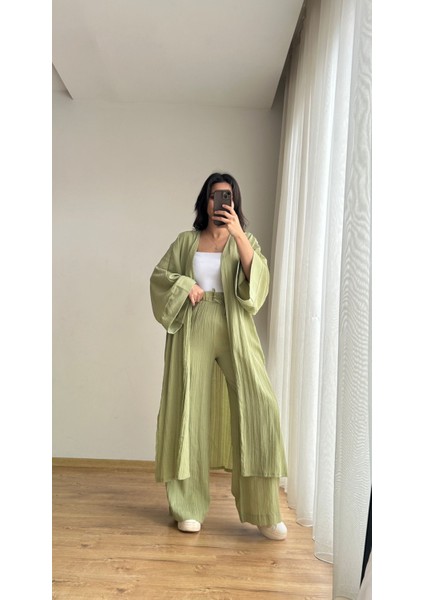Gofre Kumaş Uzun Kimono Pantolon Takım
