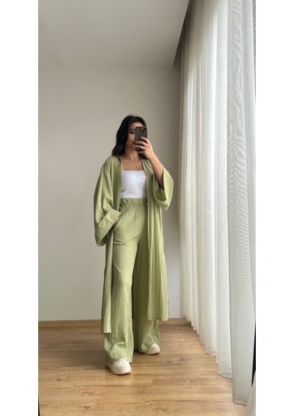 Gofre Kumaş Uzun Kimono Pantolon Takım