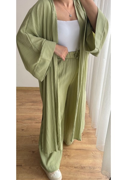Gofre Kumaş Uzun Kimono Pantolon Takım