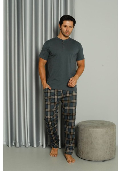 Işılay Füme Önden 3 Düğmeli Ekose Pijamalı Kısa Kollu Erkek Pijama Takımı 19041-F