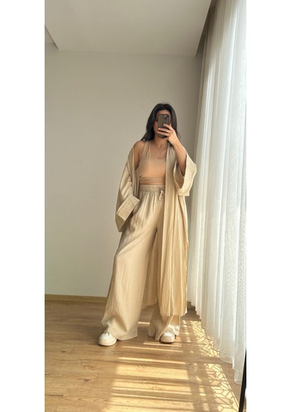 Gofre Kumaş Uzun Kimono Pantolon Takım