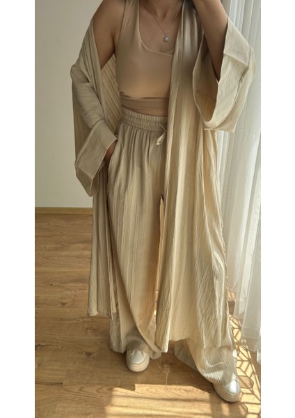 Gofre Kumaş Uzun Kimono Pantolon Takım