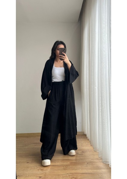 Gofre Kumaş Uzun Kimono Pantolon Takım