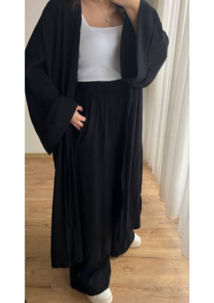 Gofre Kumaş Uzun Kimono Pantolon Takım